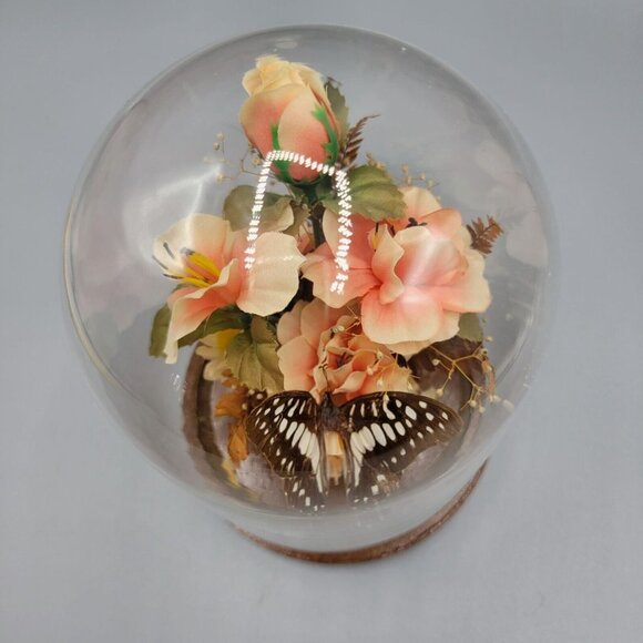 Vintage Decorative Glass Dome Terrarium Diorama Butterfly Flowers Wood Base - Picture 8 of 12